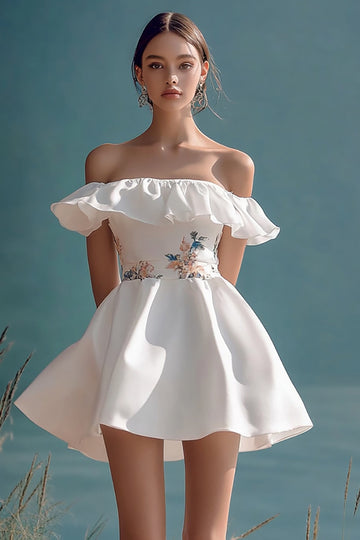 Floral A Line White Off The Shoulder Short Graduation Dress